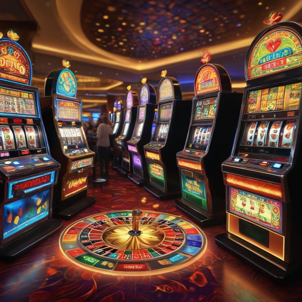 A dynamic scene of a vibrant casino floor, showcasing colorful penny slot machines filled with glowing lights and symbols of luck such as four-leaf clovers and golden coins. In the foreground, a diverse group of excited players are gathered, engaged in the thrill of gameplay, with expressions of joy and anticipation. Include elements like a jackpot wheel in the background and hints of strategy cards on a nearby table. The atmosphere should be lively and inviting. super-realistic. vibrant colors. high contrast.