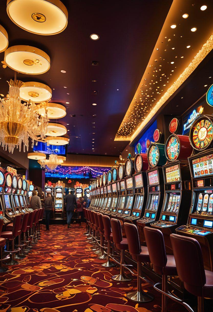 A vibrant casino scene showcasing penny slots and enthusiastic players, with colorful coins softly cascading from the machines. Include a diverse group of people having fun, surrounded by dazzling lights and ornate decorations, conveying excitement and camaraderie. A subtle overlay of tips and tricks for enhancing the gaming experience can be incorporated as text bubbles. The atmosphere should be energetic and inviting. super-realistic. vibrant colors.