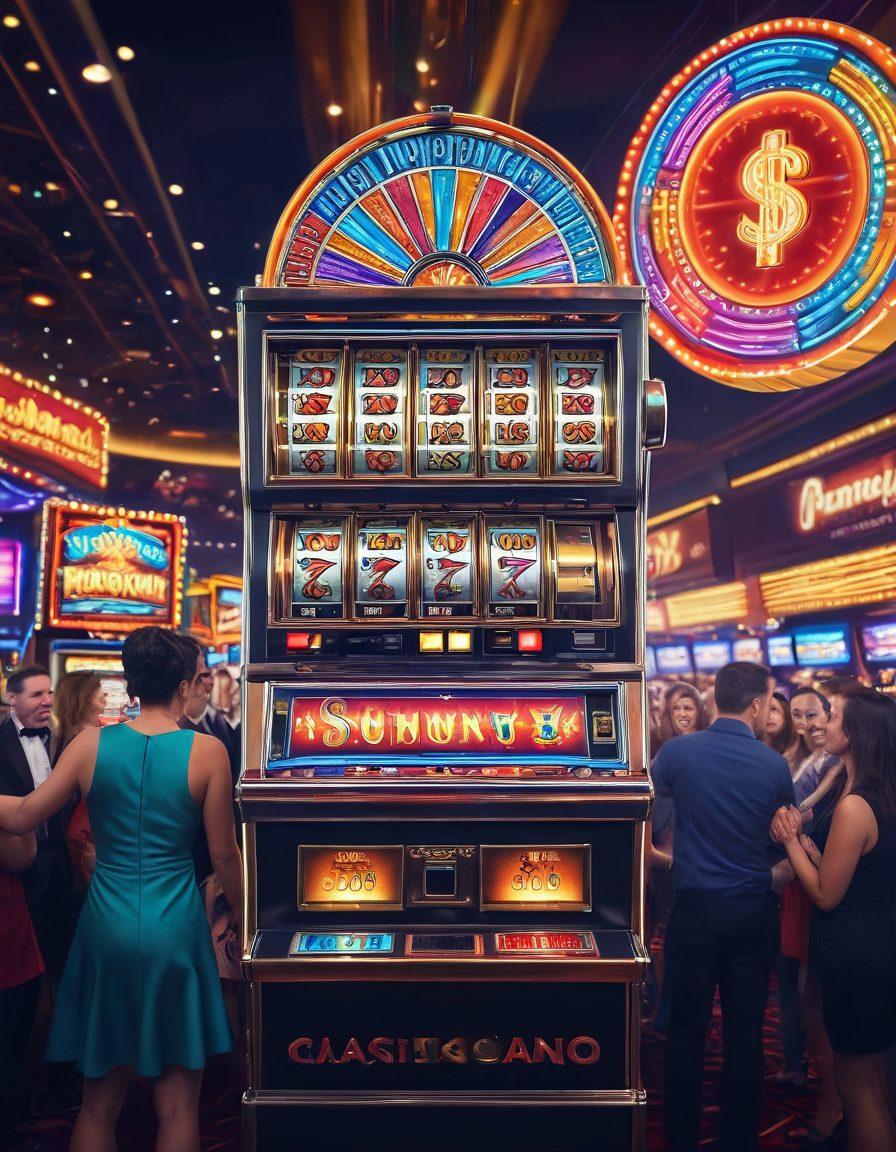 A lively casino scene featuring a close-up of a colorful penny slot machine with coins cascading down, exuding an aura of luck and excitement. Include a diverse group of women and men cheering joyously while clutching their winning tickets. The background should be filled with vibrant lights and other slot machines, enhancing the energetic atmosphere. Make it visually appealing with rich colors and dramatic shadows. super-realistic. vibrant colors. 3D.